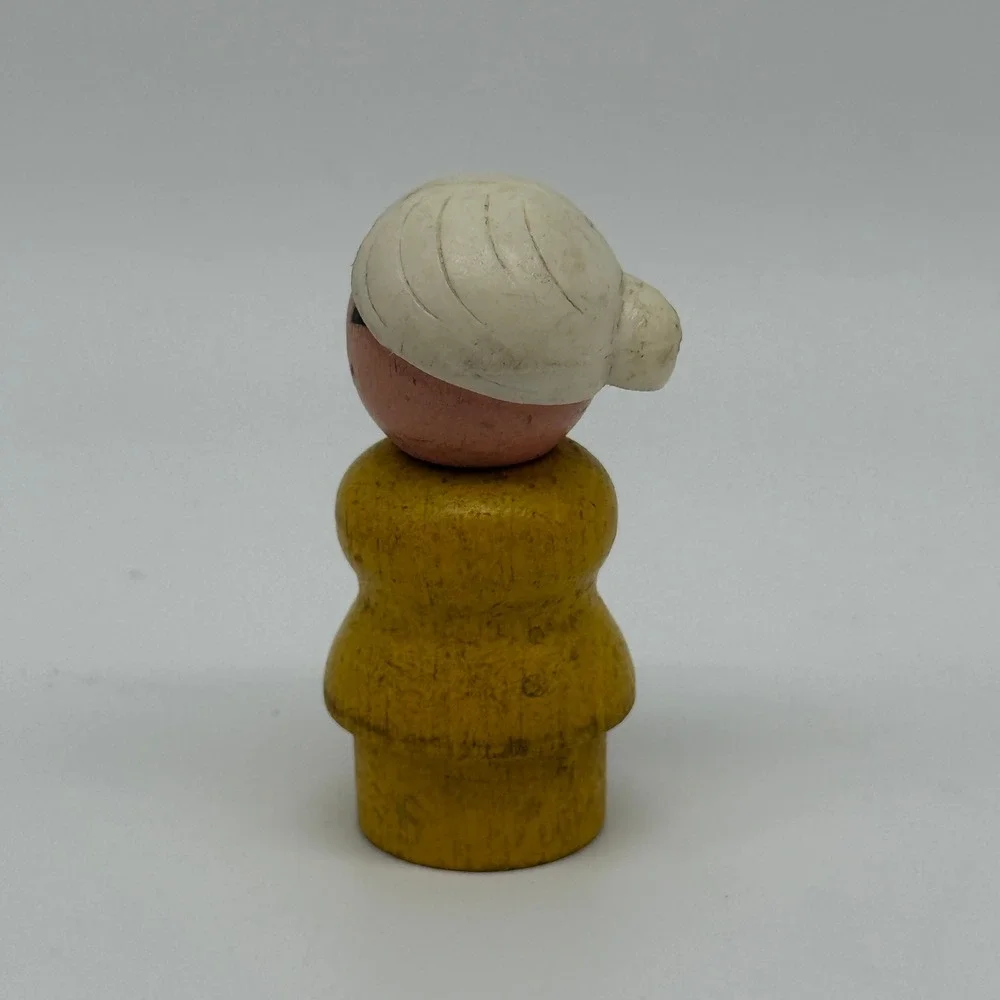 Fisher Price Little People Grandmother Figure All Wood Yellow White Bun Vintage